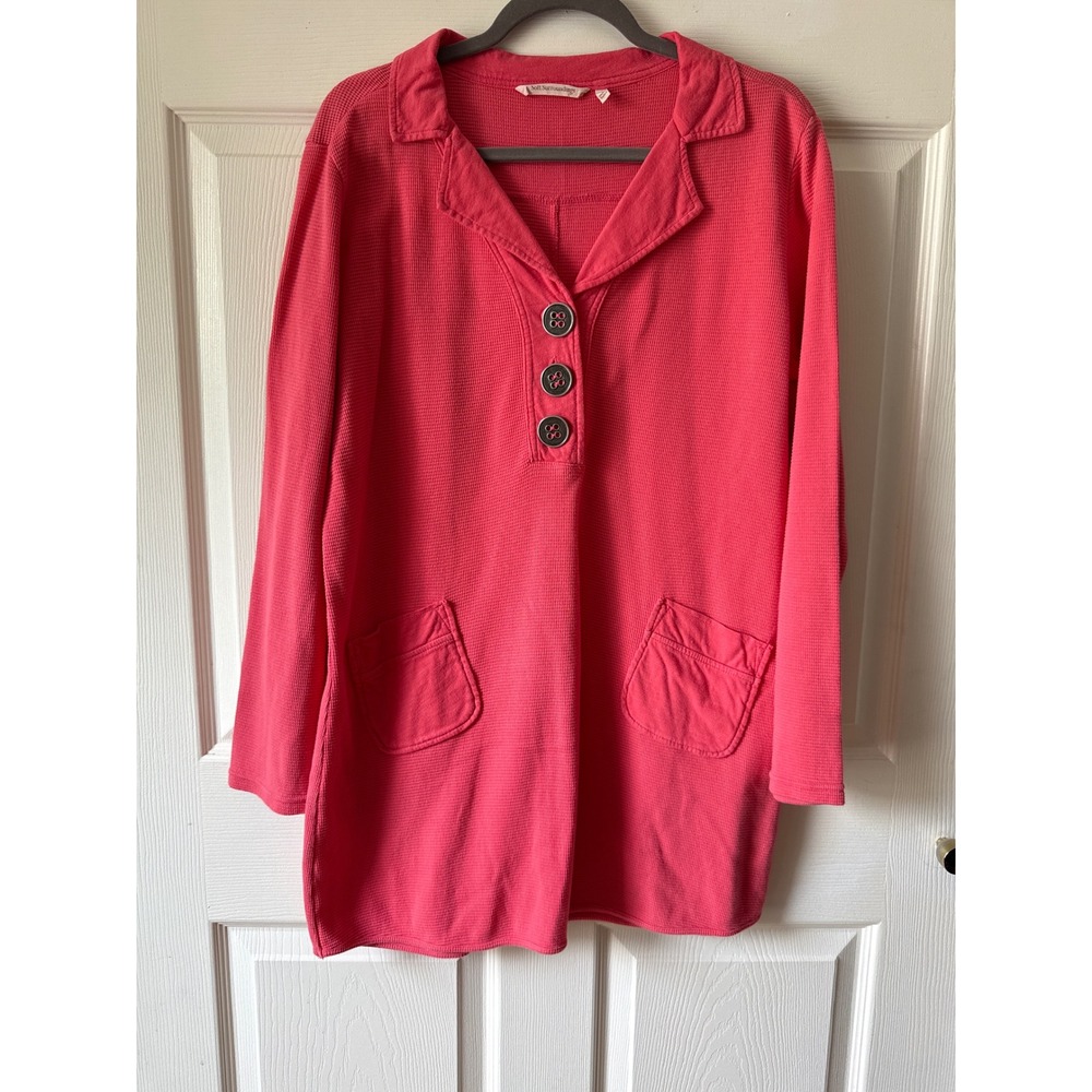 Soft Surroundings Waffle Knit Tunic Women L Pink Henley Button Pocket Coastal‎